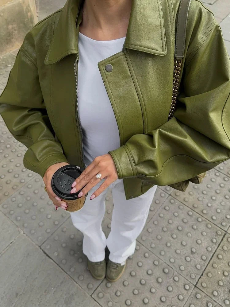 Alice | Leather Jacket with Oversized Fit and Pockets