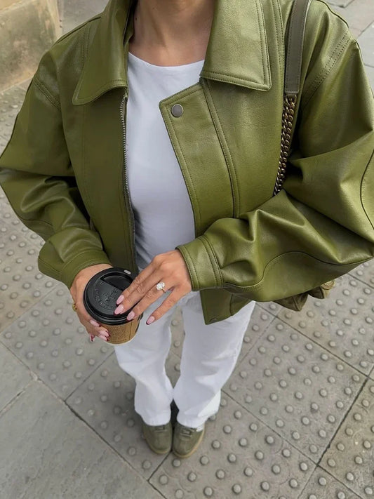 Alice | Leather Jacket with Oversized Fit and Pockets